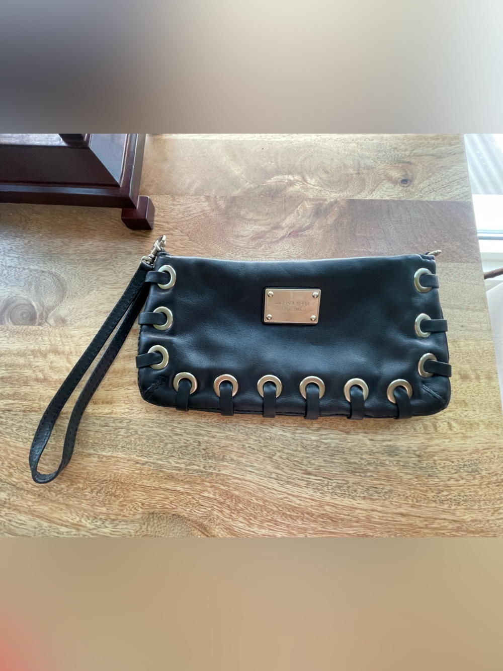Michael Kors Black Leather Wristlet Clutch with Gold Hardware Accents